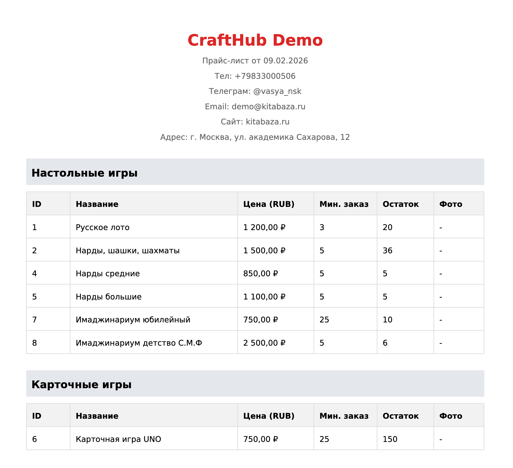 Выгрузка прайс-листа